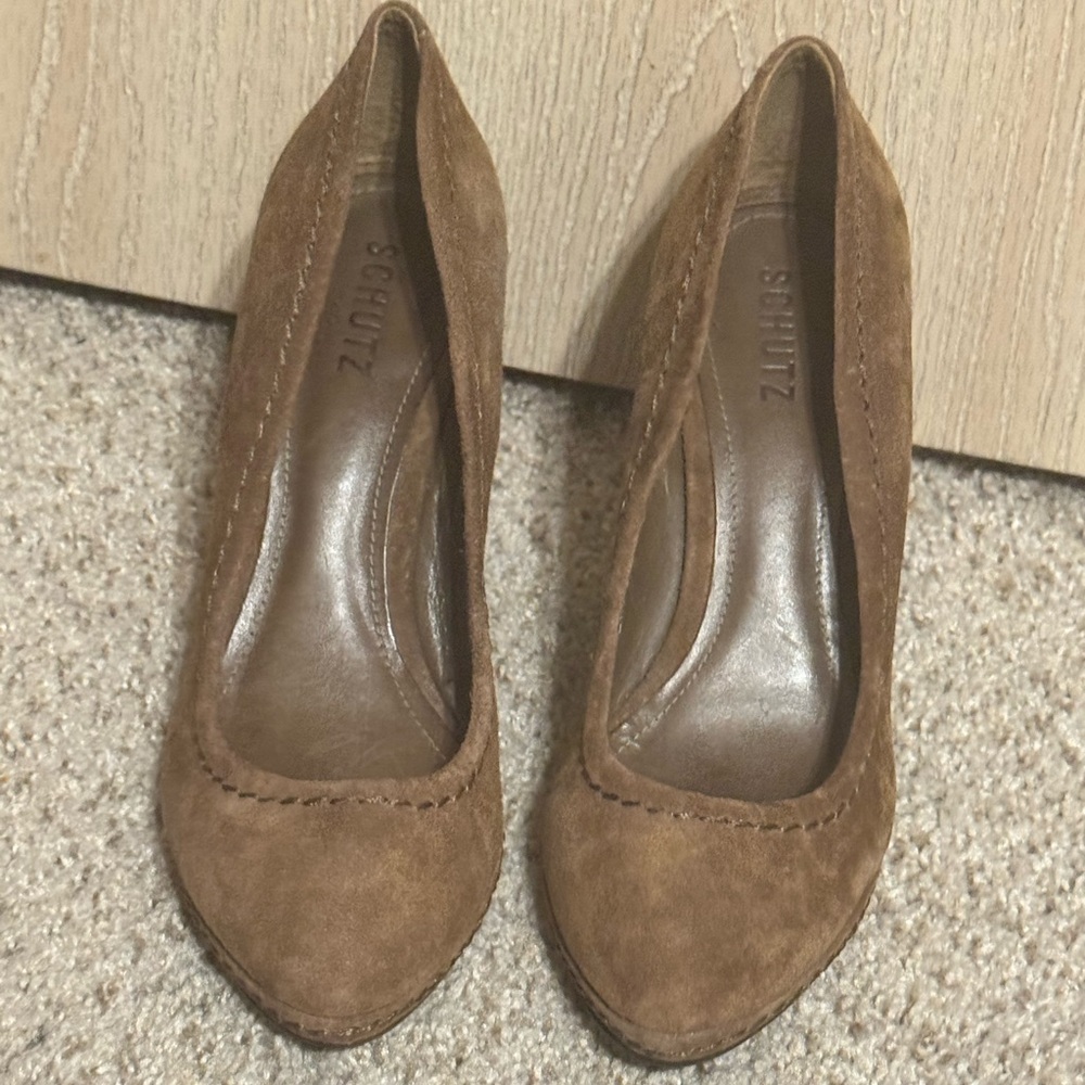 Schutz Deep‎ Tan Brown Suede Leather Almond Point Toe Wedge Heels